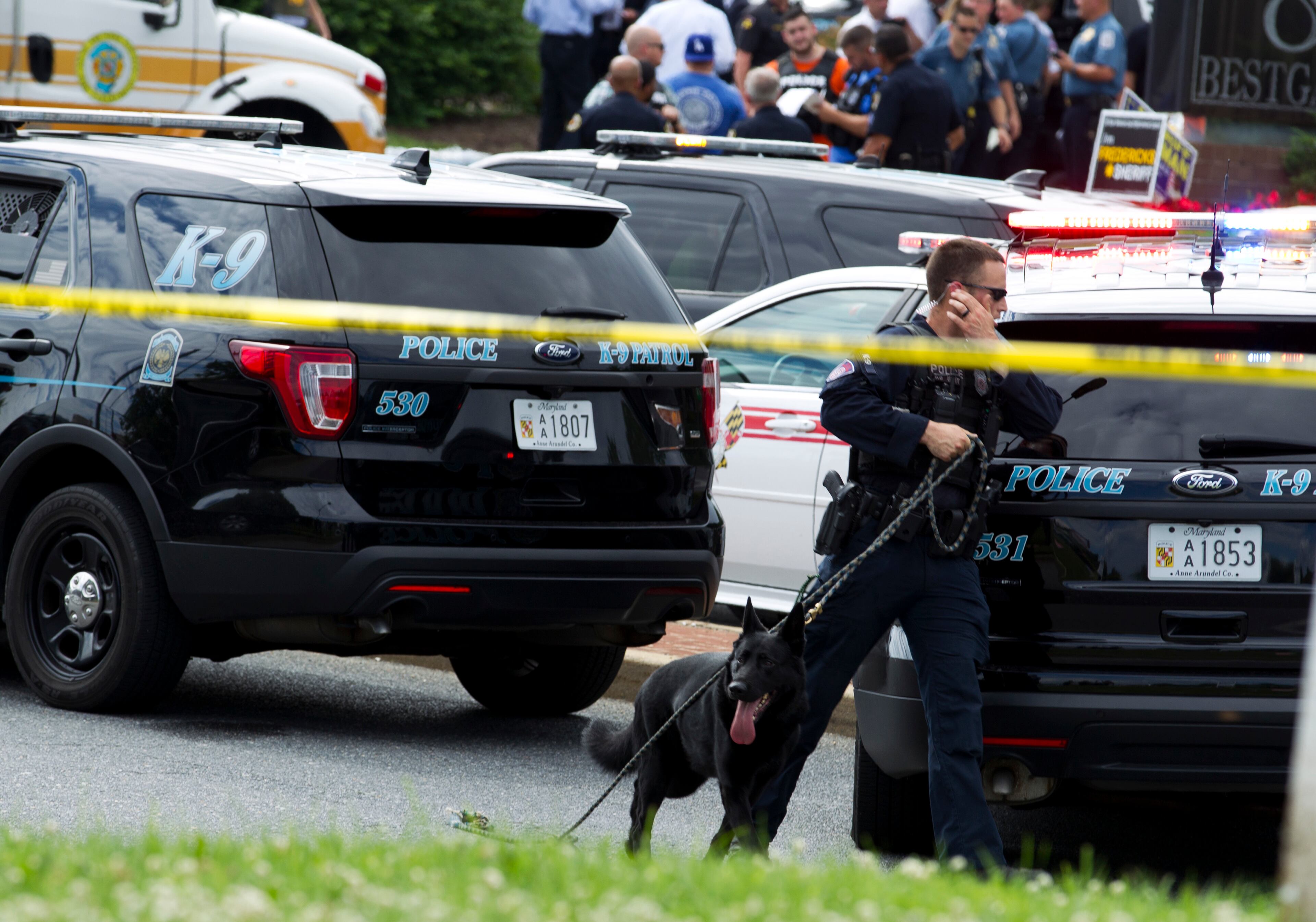 A K-9 police unit works the scene after multiple people were shot at a newspaper office building in Annapolis, Md., Thursday, June 28, 2018. (AP Photo/Jose Luis Magana)