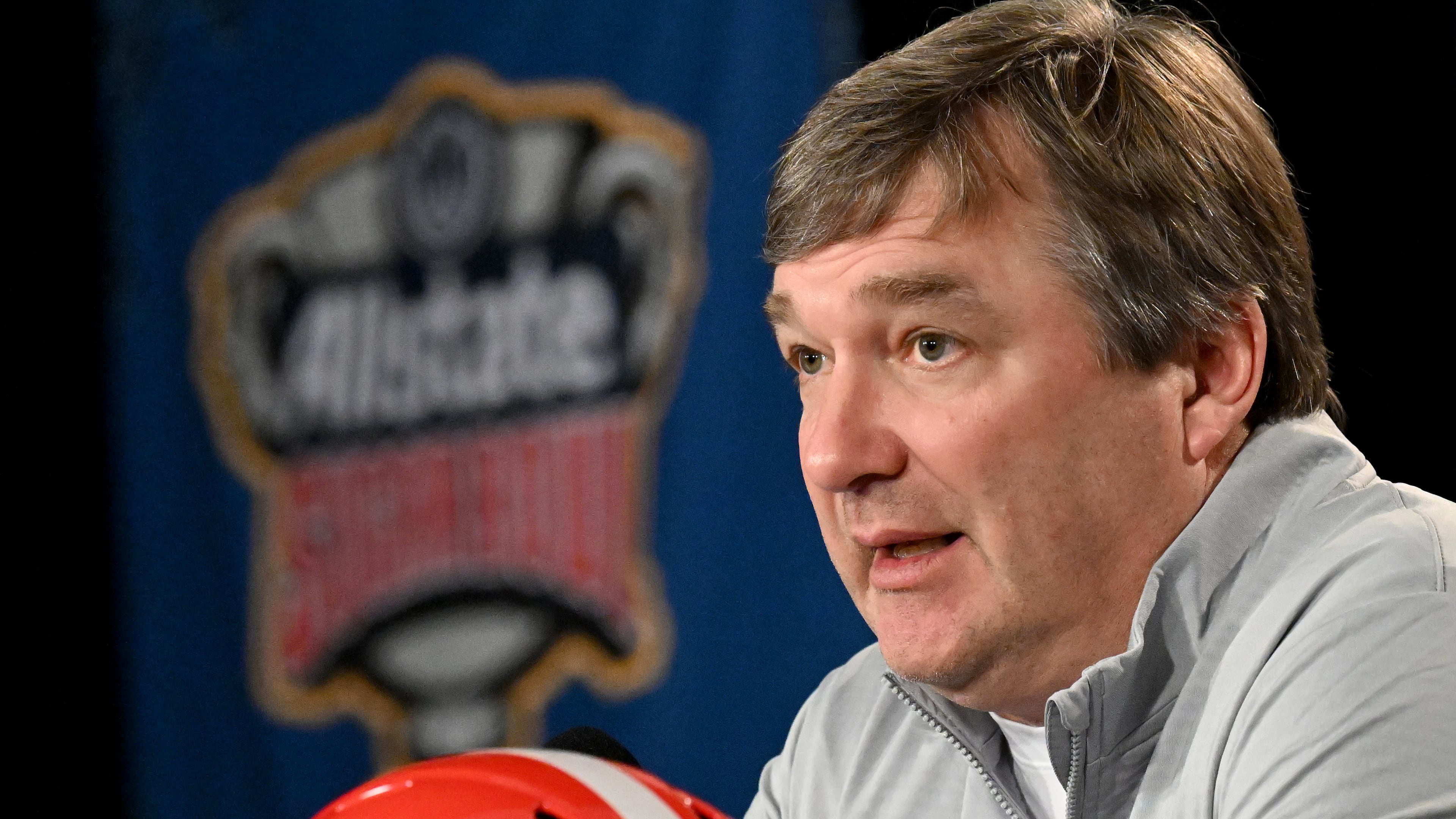 Georgia head coach Kirby Smart takes questions during Georgia media day for Sugar Bowl 2024, in New Orleans. (Hyosub Shin/AJC)