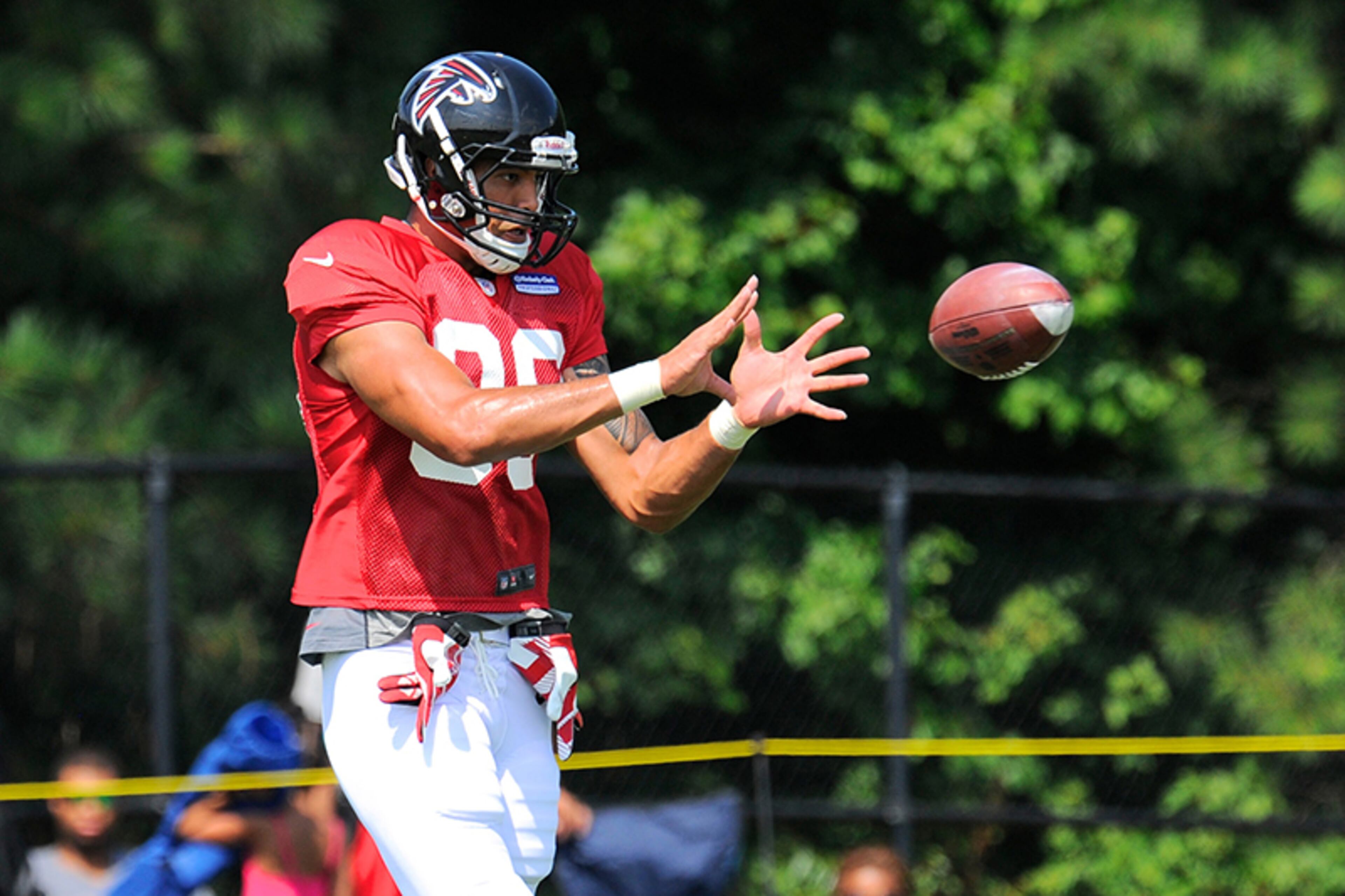 Behind Tony Gonzalez at tight end the Falcons have fourth round pick Levine Toilolo (80) and Chase Coffman, who was added to the Falcons' 53-man roster last November. Toilolo is developing as blocker, while Coffman has been working on keeping his balance when blocking.