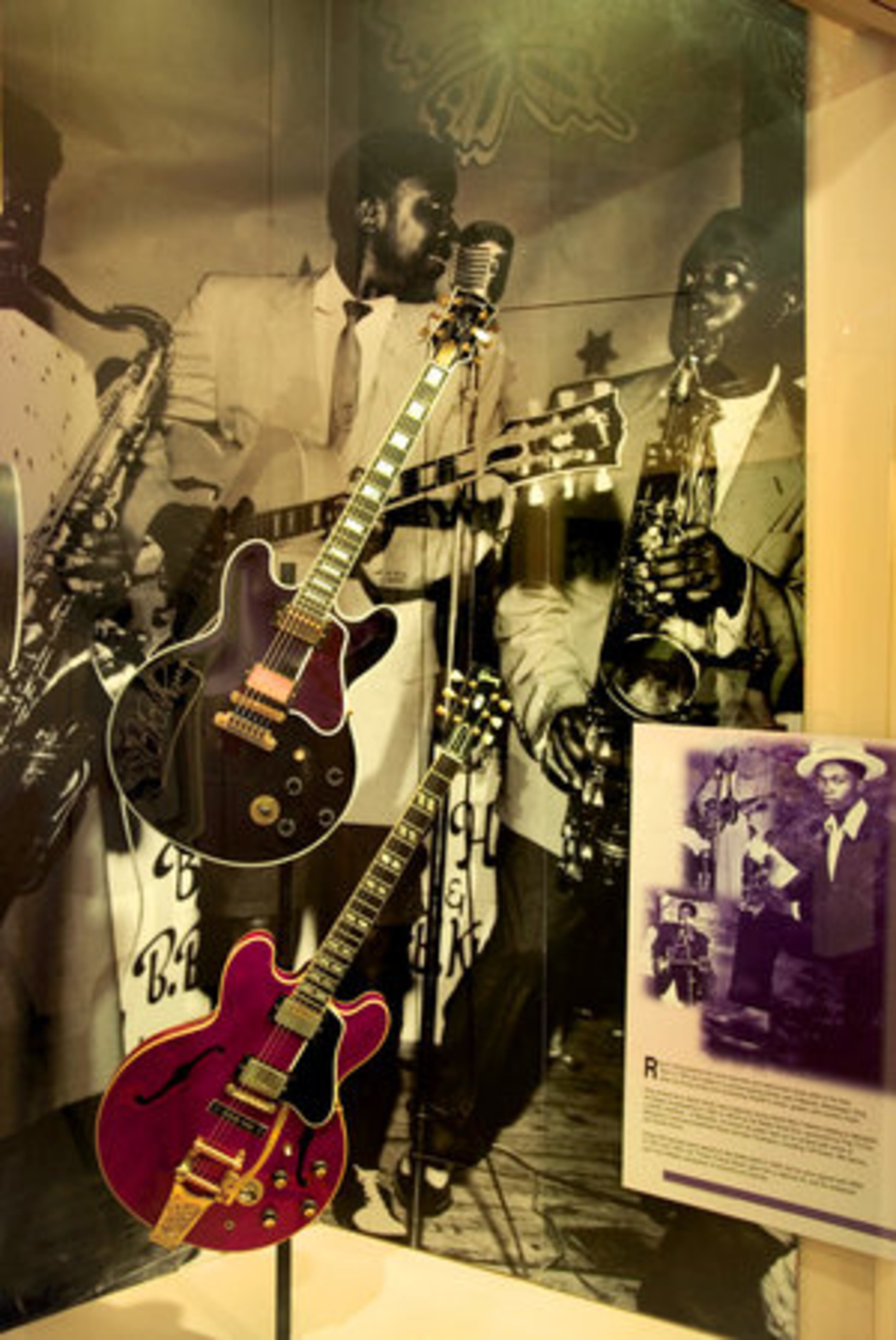 The B B King exhibit at the Rock 'n' Soul Museum. Popular radio announcer, Riley B. King, sang and spun records at WDIA. His on-air name, "Beale Street Blues Boy," was later shortened to "B.B." He has been known as B.B. King ever since.