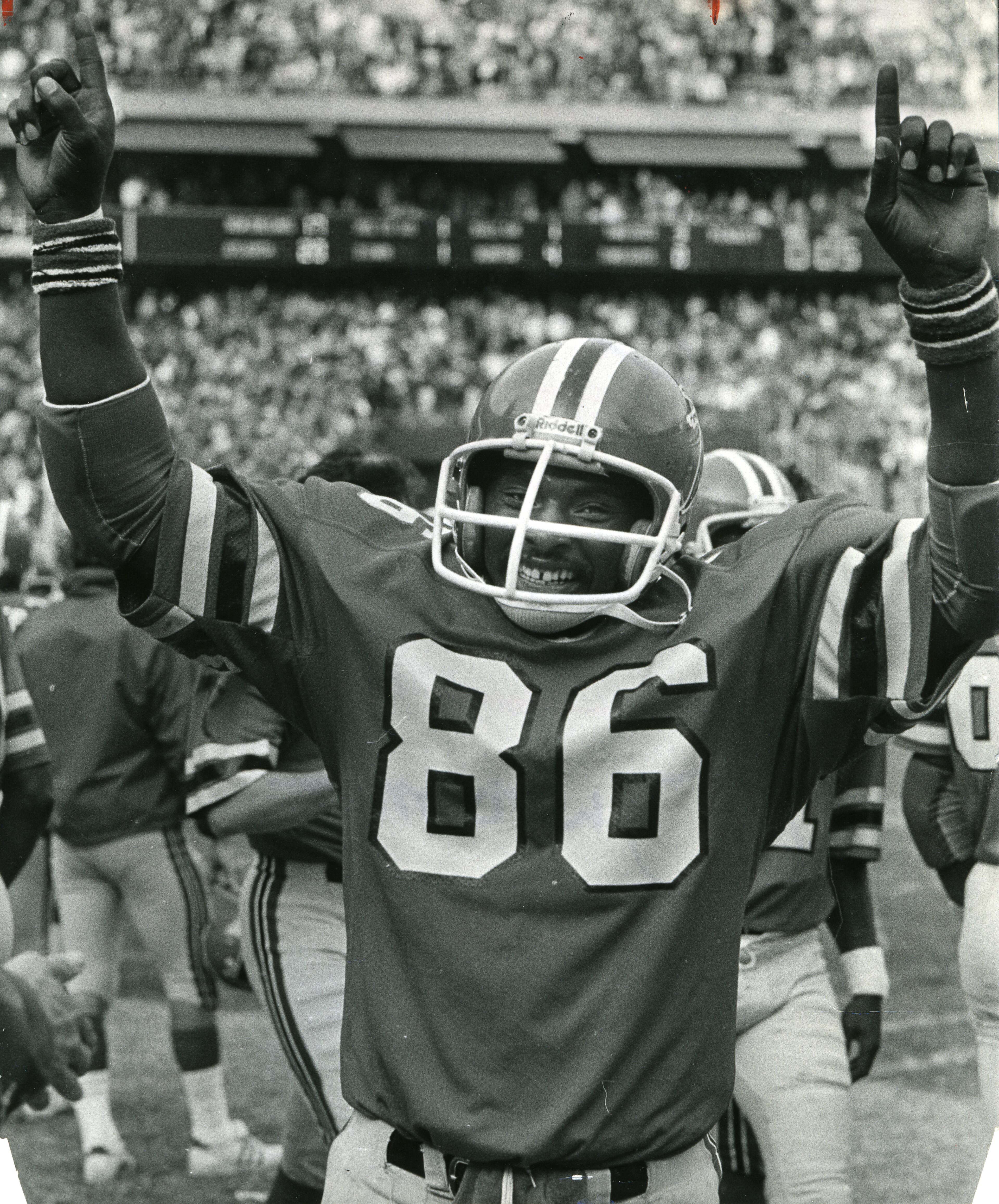 Tight end Jim Mitchell enjoys a moment in his Falcons career.
