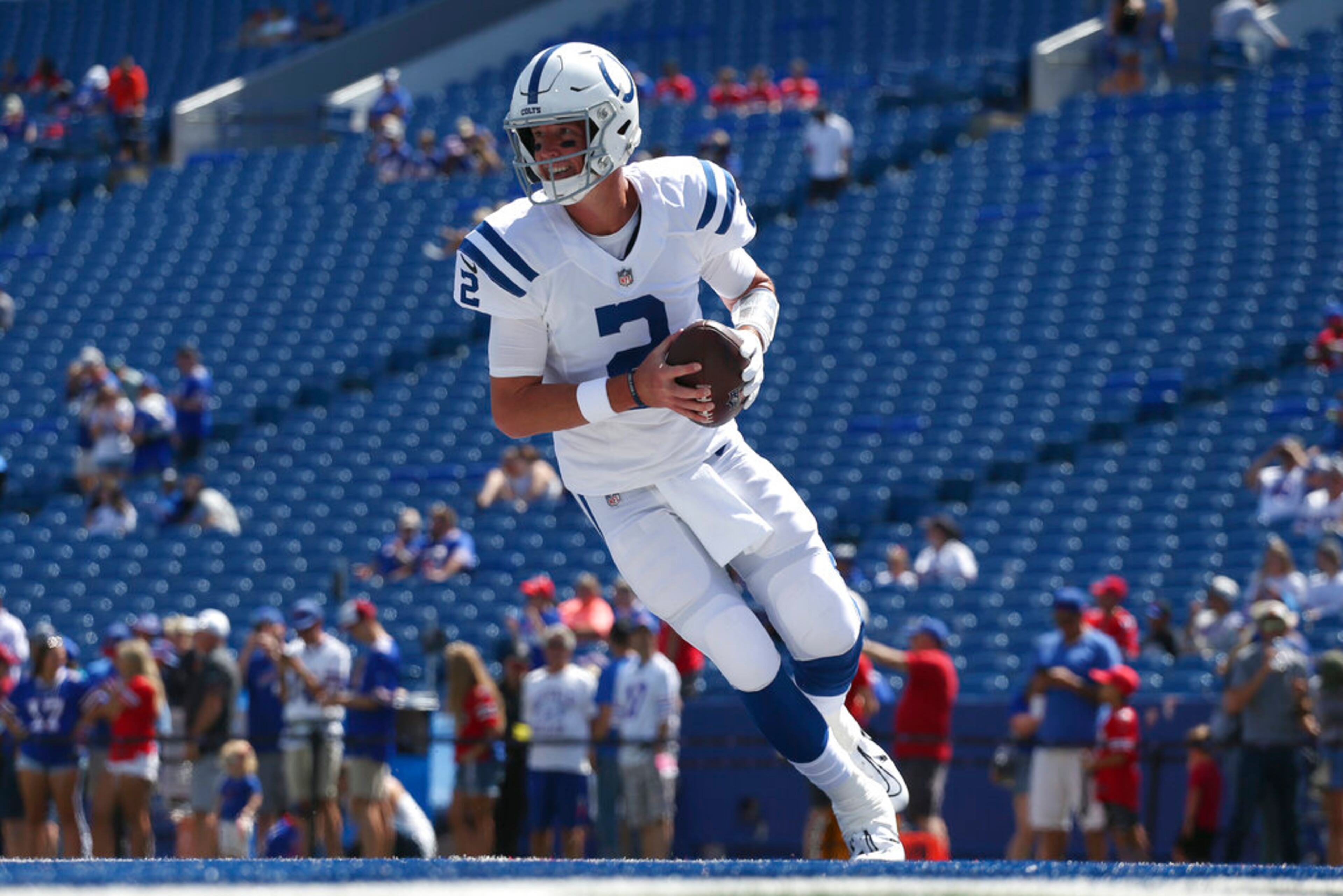 Indianapolis Colts quarterback Matt Ryan (2) warms up prior to a preseason NFL football game against the Buffalo Bills, Saturday, Aug. 13, 2022, in Orchard Park, N.Y. (AP Photo/Joshua Bessex)