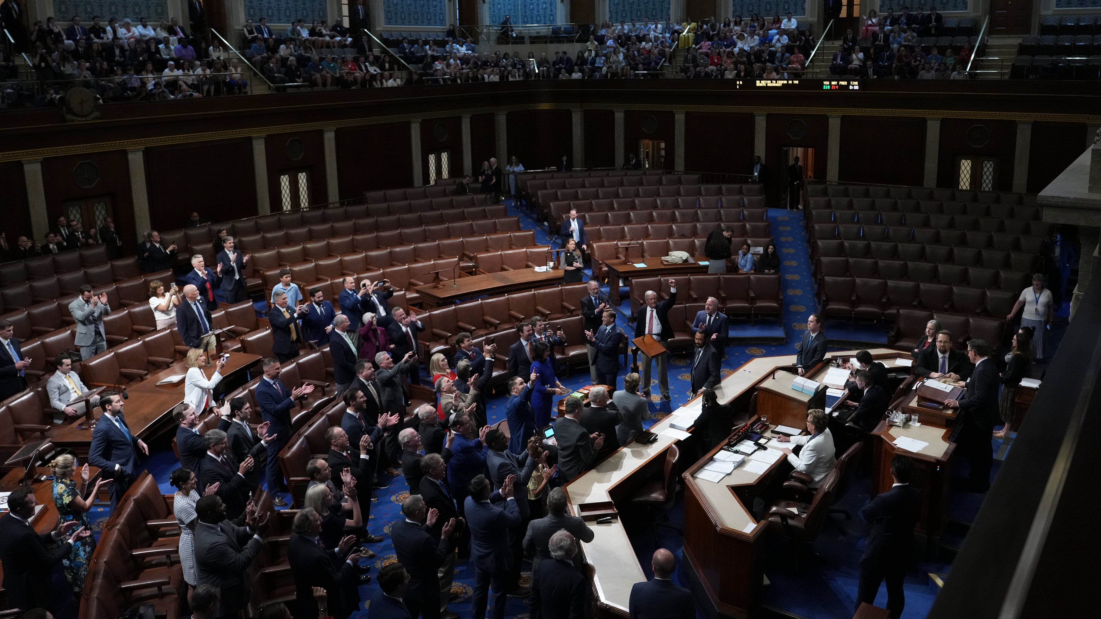 Members celebrate as the House of Representatives passed President Trump’s domestic policy bill at the Capitol in Washington on Thursday, July 3, 2025. The House on Thursday narrowly passed a sweeping bill to extend tax cuts and slash social safety net programs, capping Republicans’ chaotic monthslong slog to overcome deep rifts within their party and deliver President Trump’s domestic agenda. (Eric Lee/The New York Times)