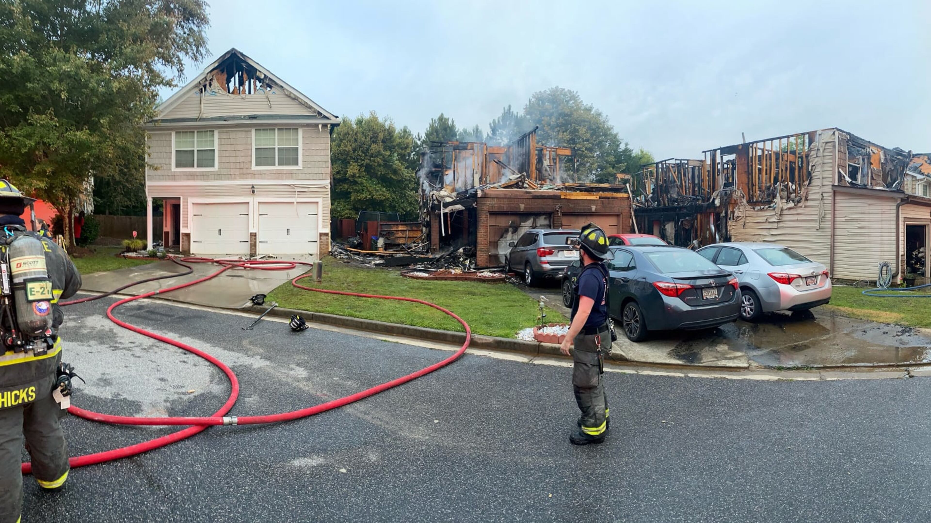 No one was reported injured, but the three burned homes are likely totally destroyed, according to officials.
