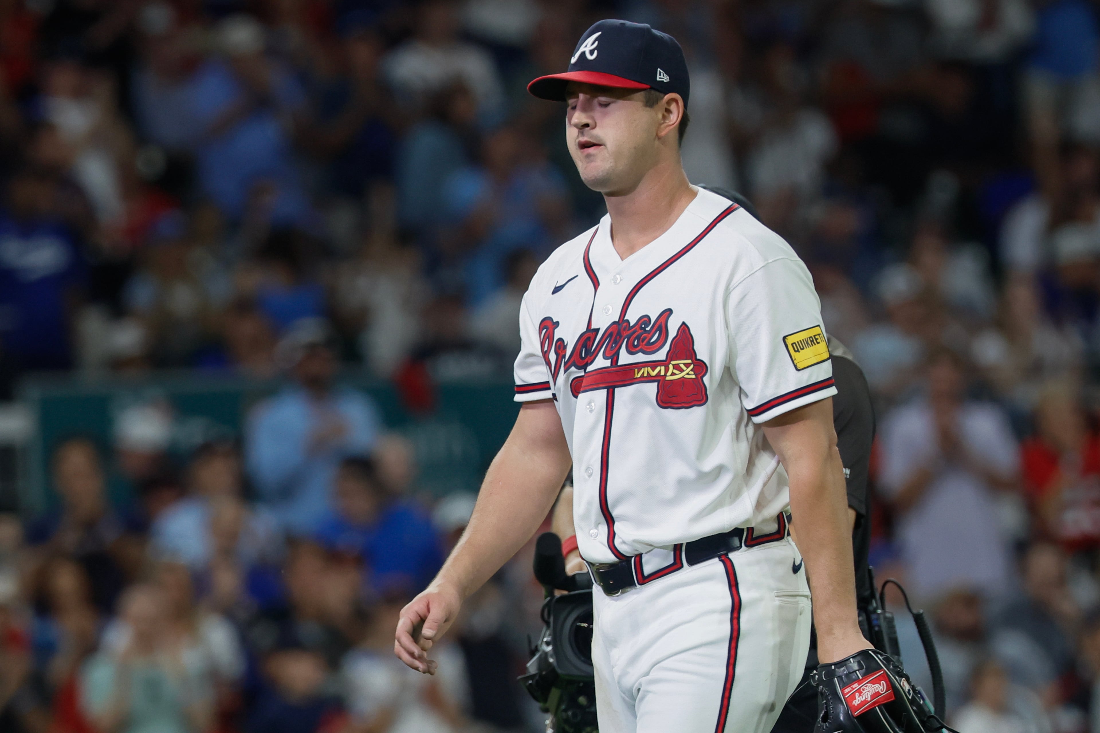 Atlanta Braves pitcher Tyler Mahle (54) reacts after getting relieved during the seventh inning of Game 4 of the MLB National League Division Series between the Atlanta Braves and the Los Angeles Dodgers, Wednesday, Oct. 7, 2026, in Atlanta. (Miguel Martinez/AJC)