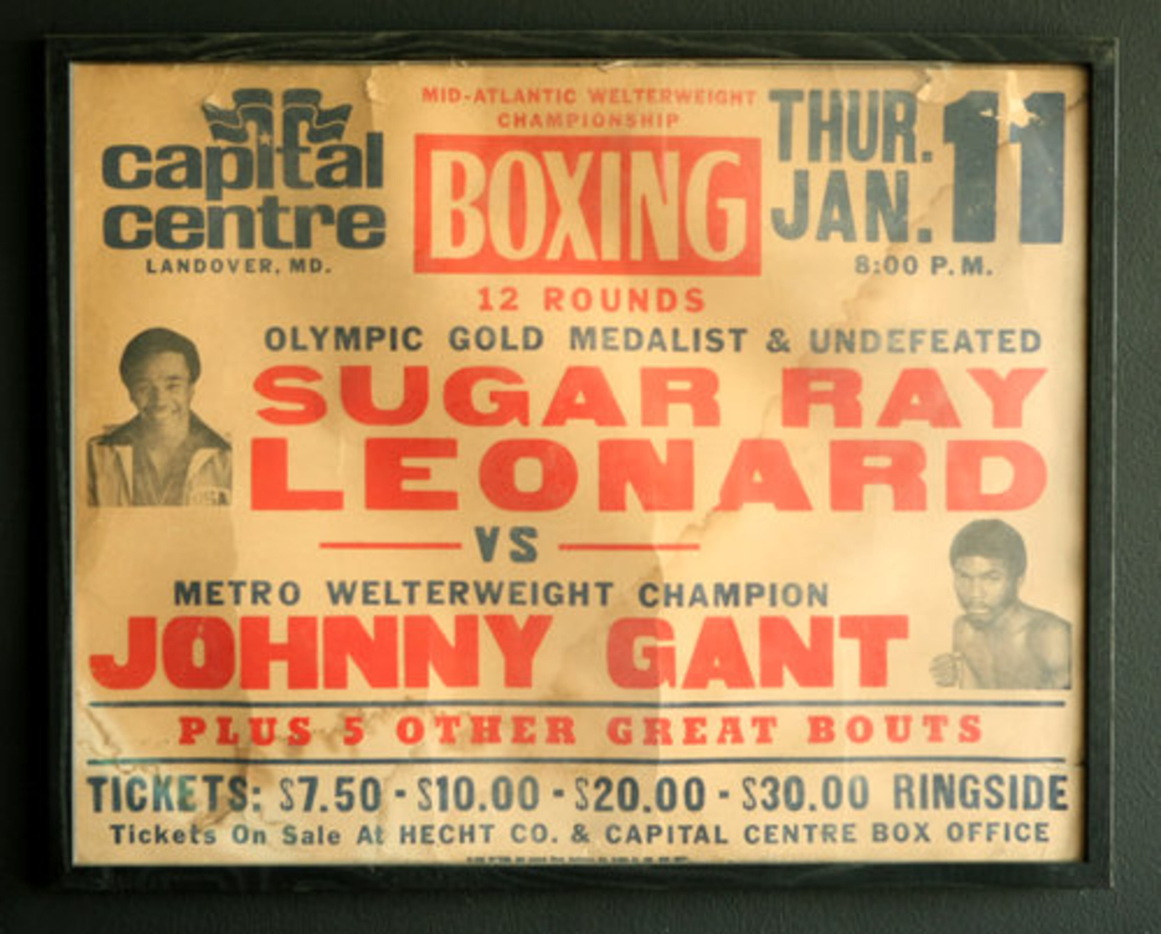 A poster on the wall of the Atlanta Art of Boxing center advertises the fight between Sugar Ray Leonard and Johnny Gant on Jan. 11, 1979 at the Capitol Centre in Landover Maryland. Leonard defeated Gant in round 8.
