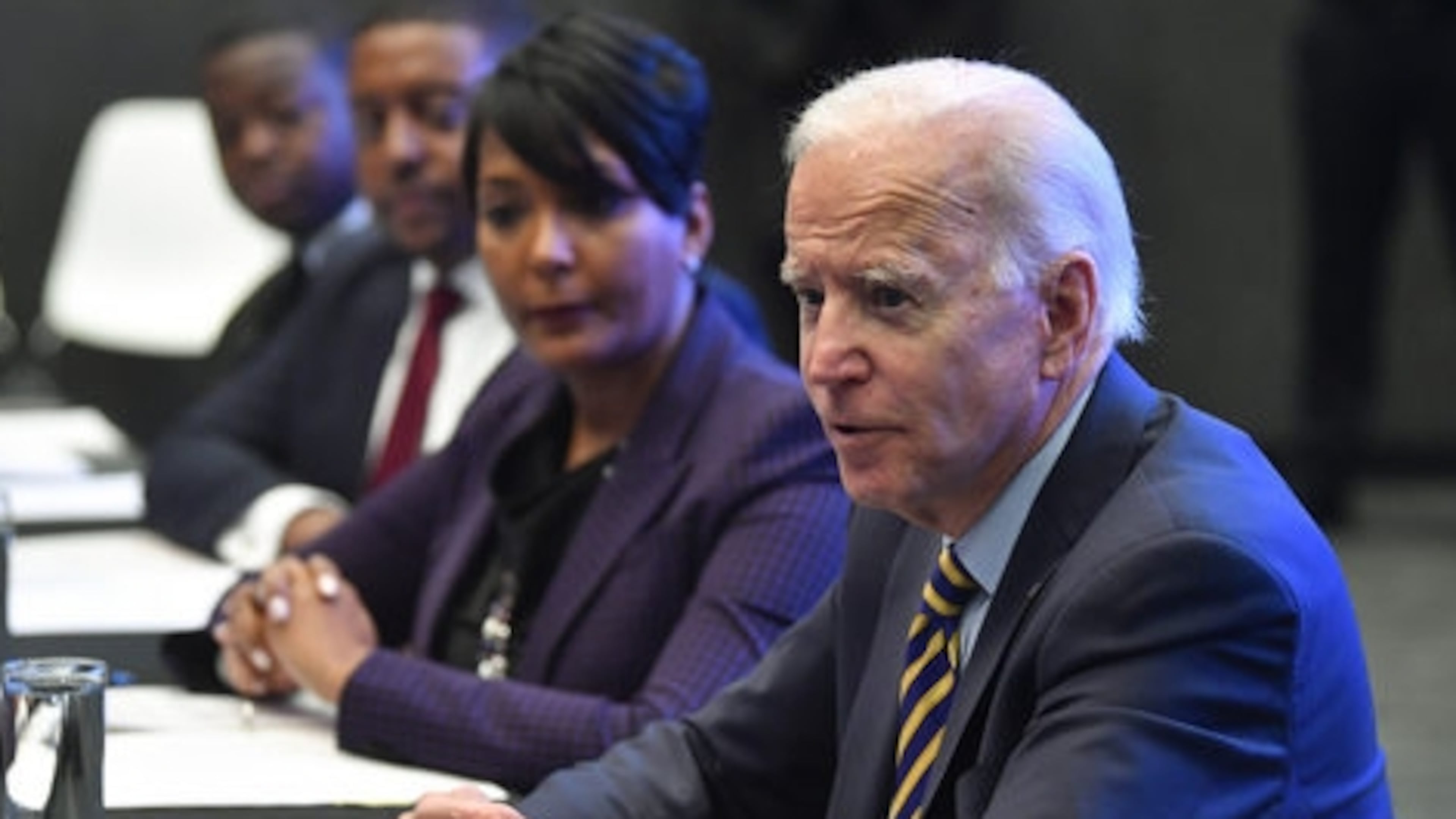 In this 2019 photo, presidential candidate Joe Biden (right) is introduced by Atlanta mayor Keisha Lance Bottoms during an assembly of Southern black mayors in Atlanta. (John Amis/AP)