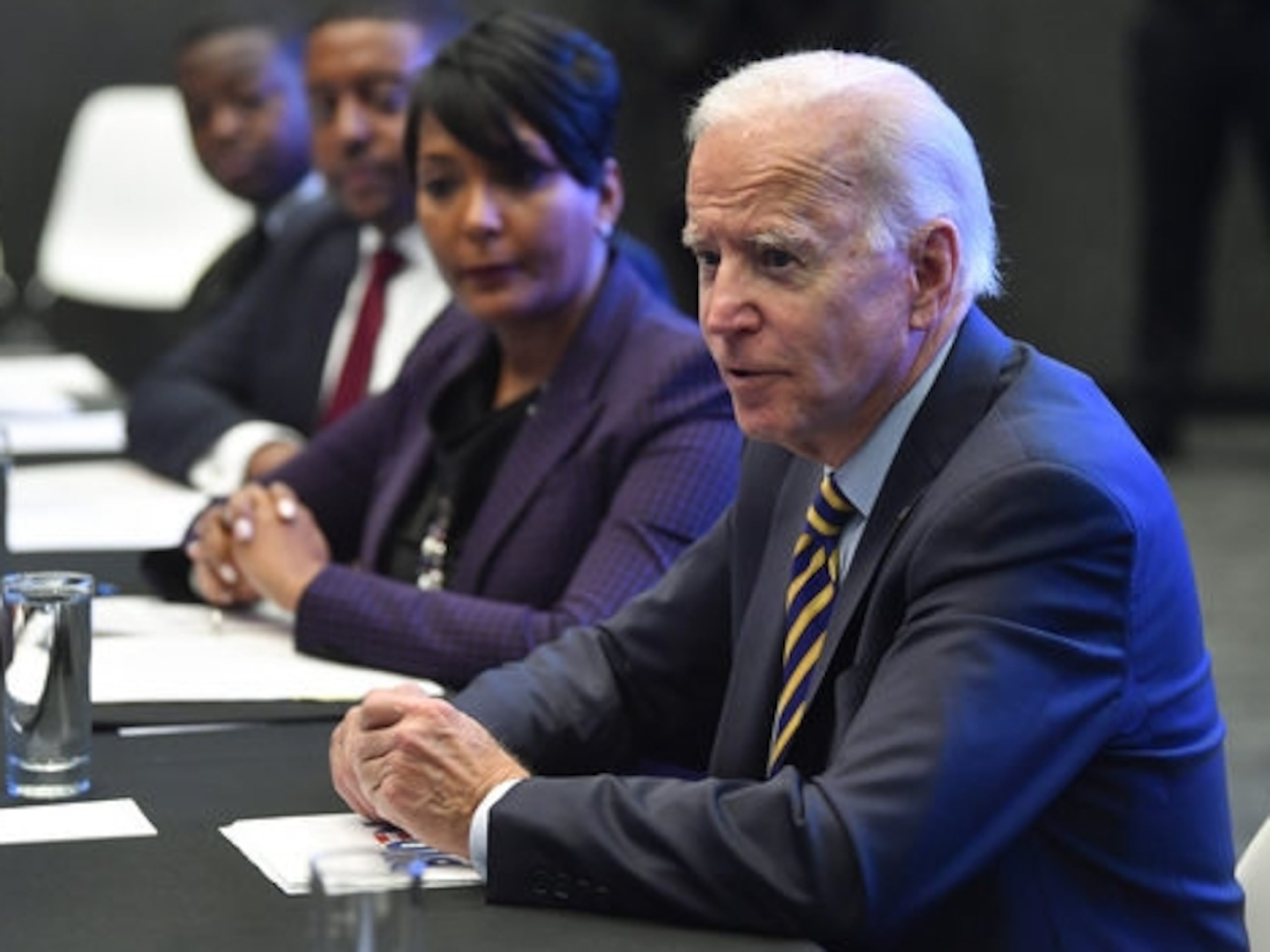 Former U.S. Vice President and 2020 Democratic presidential candidate Joe Biden reacts as he is introduced by Atlanta mayor Keisha Lance Bottoms during an assembly of Southern black mayors Thursday, Nov. 21, 2019, in Atlanta. (John Amis/AP)