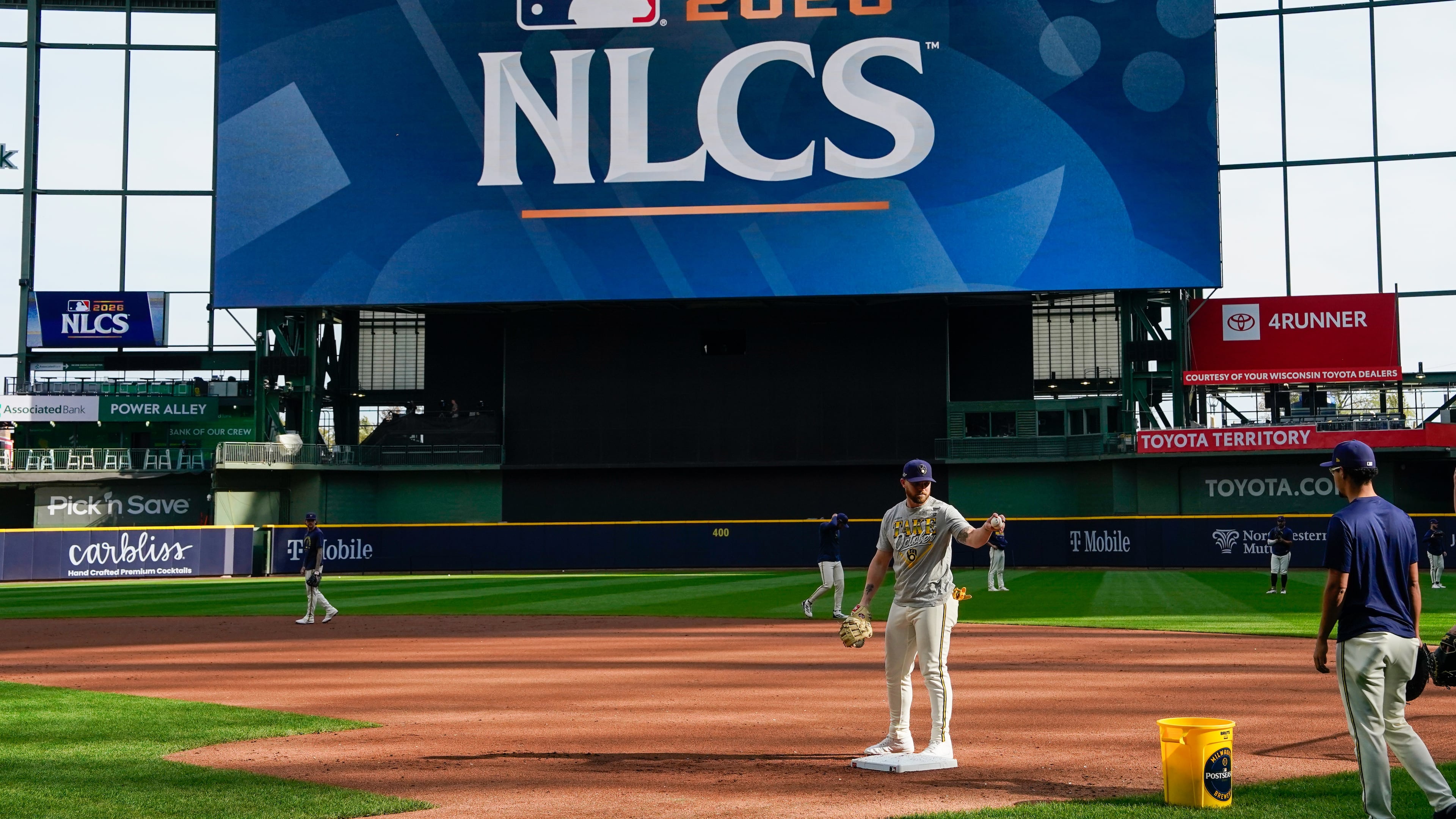 Milwaukee Brewers first baseman Jake Bauers practices ahead of Game 1 of baseball's National League Championship Series between the Milwaukee Brewers and the Los Angeles Dodgers, Saturday, Oct. 10, 2026, in Milwaukee. (AP Photo/Kyla Wolf)