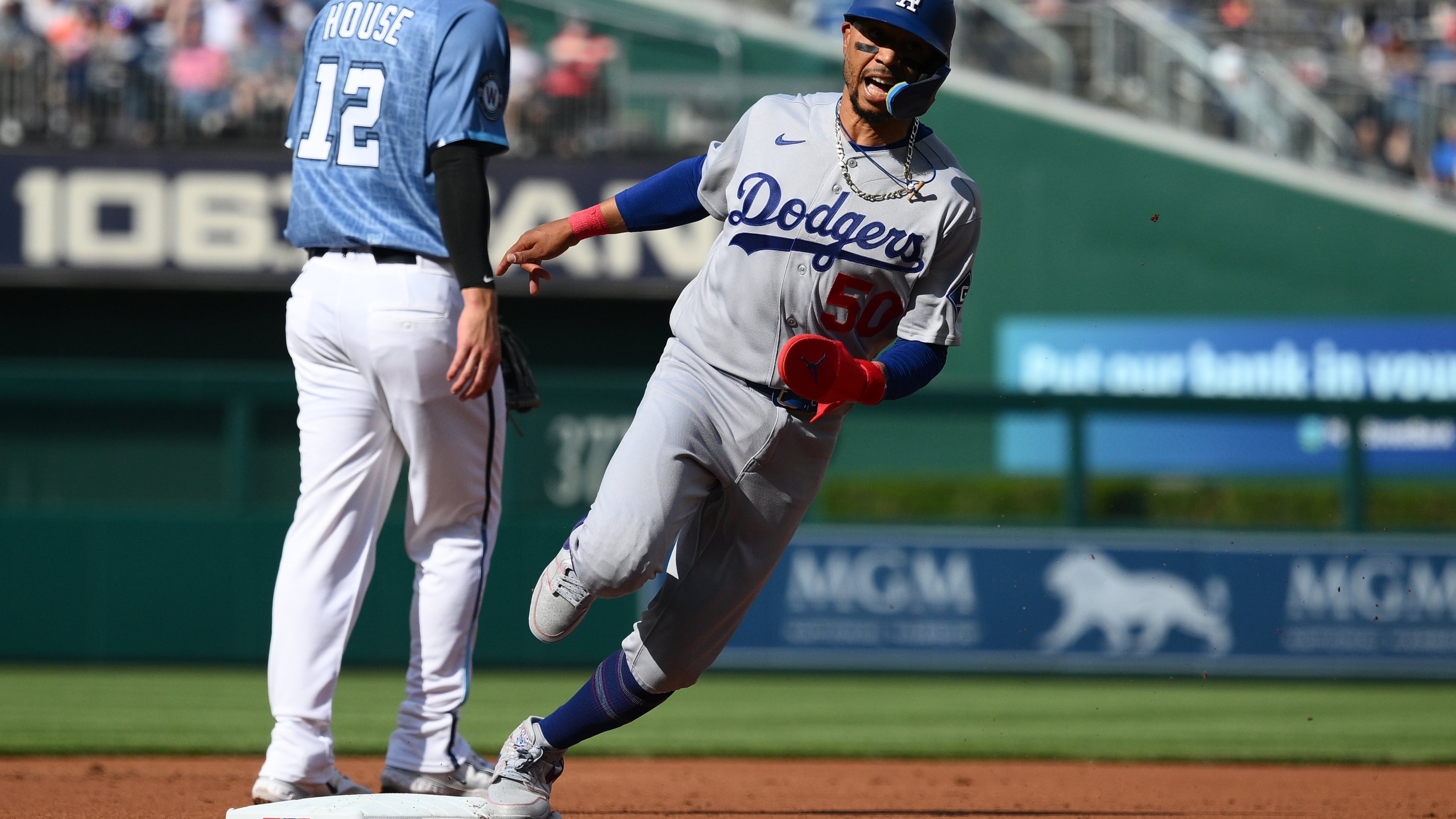 FILE - Los Angeles Dodgers' Mookie Betts in action during a baseball game against the Washington Nationals, April 4, 2026, in Washington. (AP Photo/Nick Wass, File)