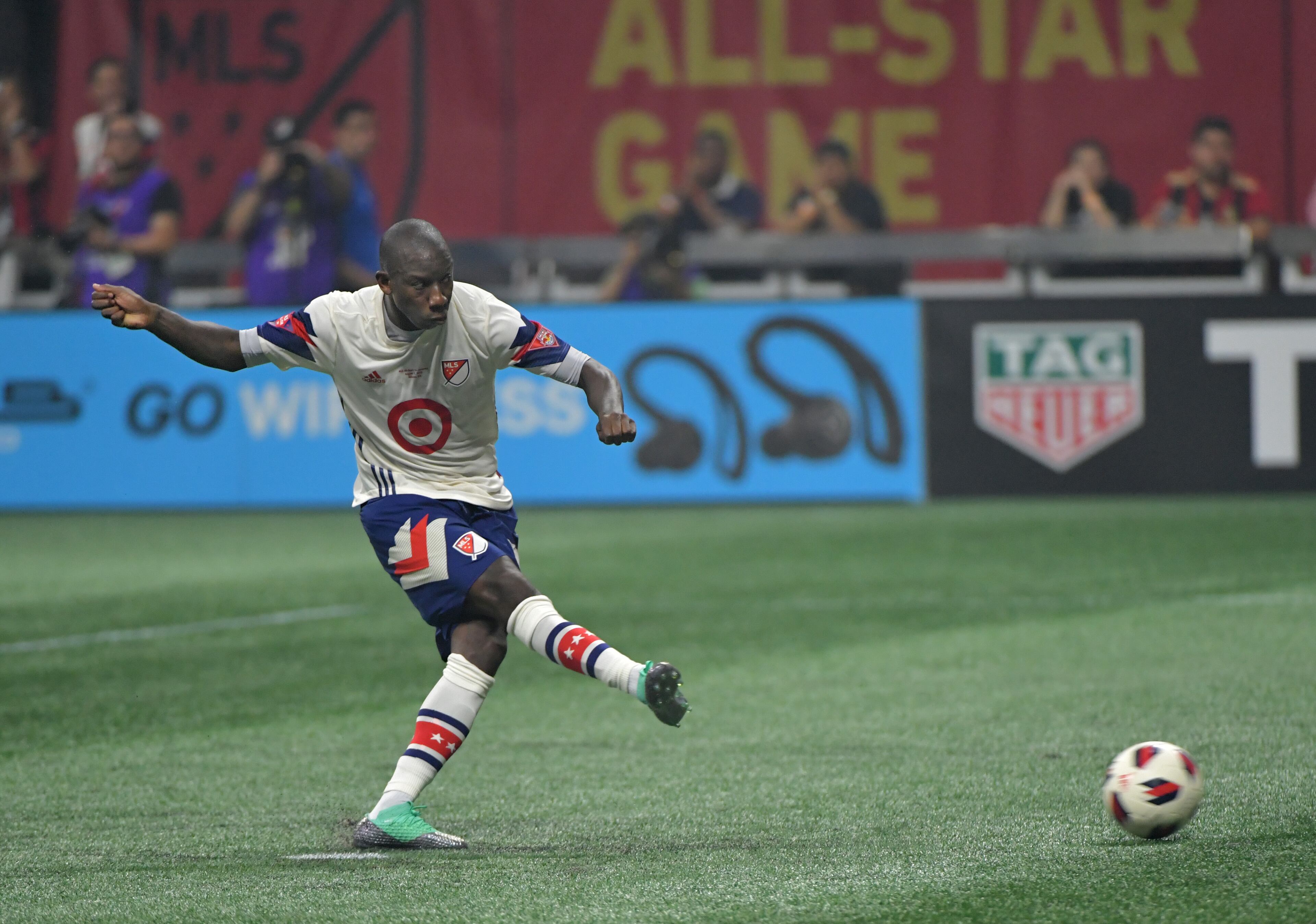 MLS All-Stars forward Bradley Wright-Phillips (99) is not able to score during the penalty shootout in the Major League Soccer All-Star Game at the Mercedes-Benz Stadium on Wednesday, August 1, 2018. Juventus won 2-1 over the MLS All-Stars after penalty shootout. HYOSUB SHIN / HSHIN@AJC.COM