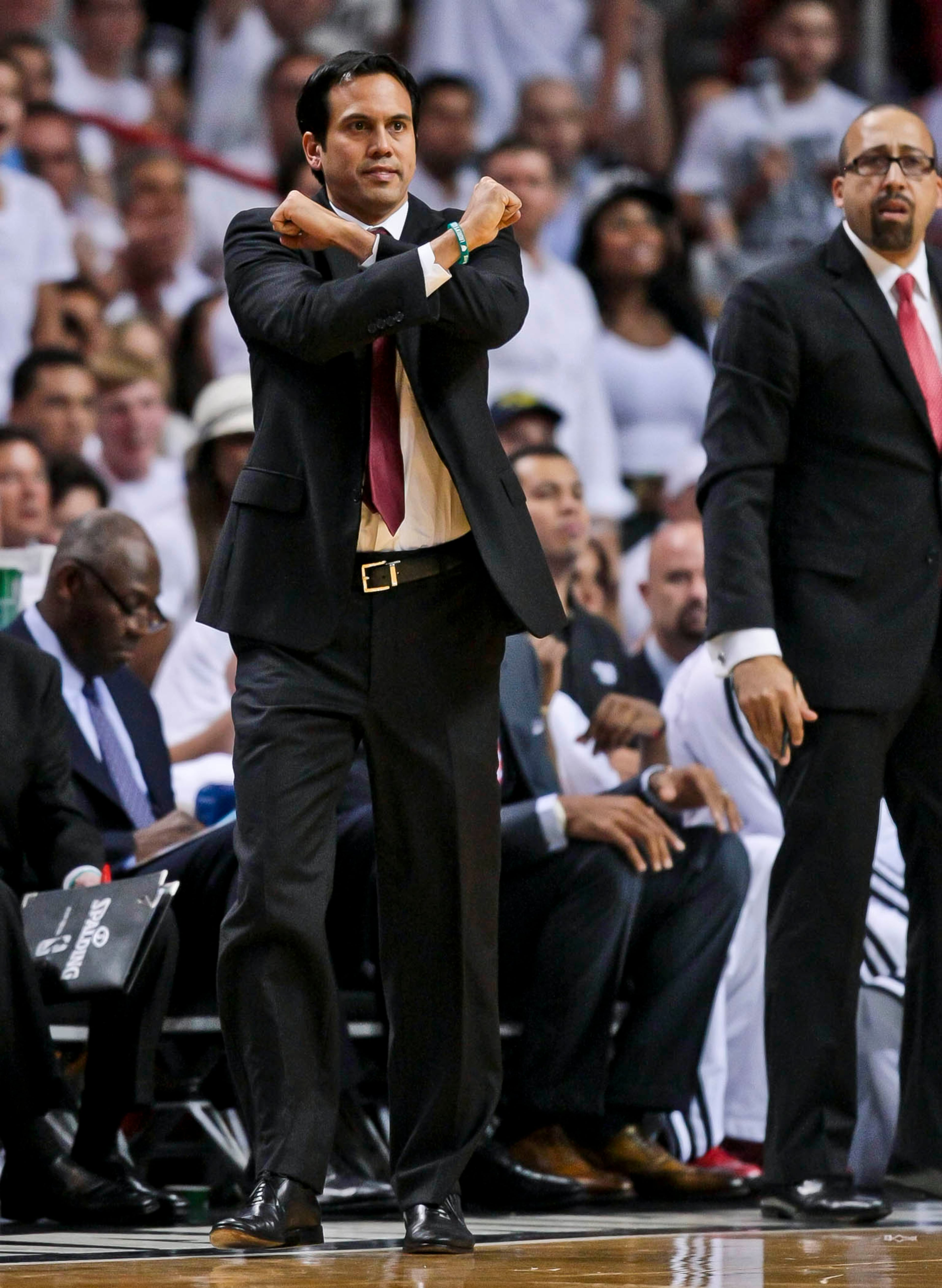 Miami Heat head coach Erik Spoelstra, calls a play during second quarter action of game seven of the Eastern Conference Final between the Miami Heat and the Indiana Pacers, Monday June 03, 2013, at American Airlines Miami.(Bill Ingram/Palm Beach Post)