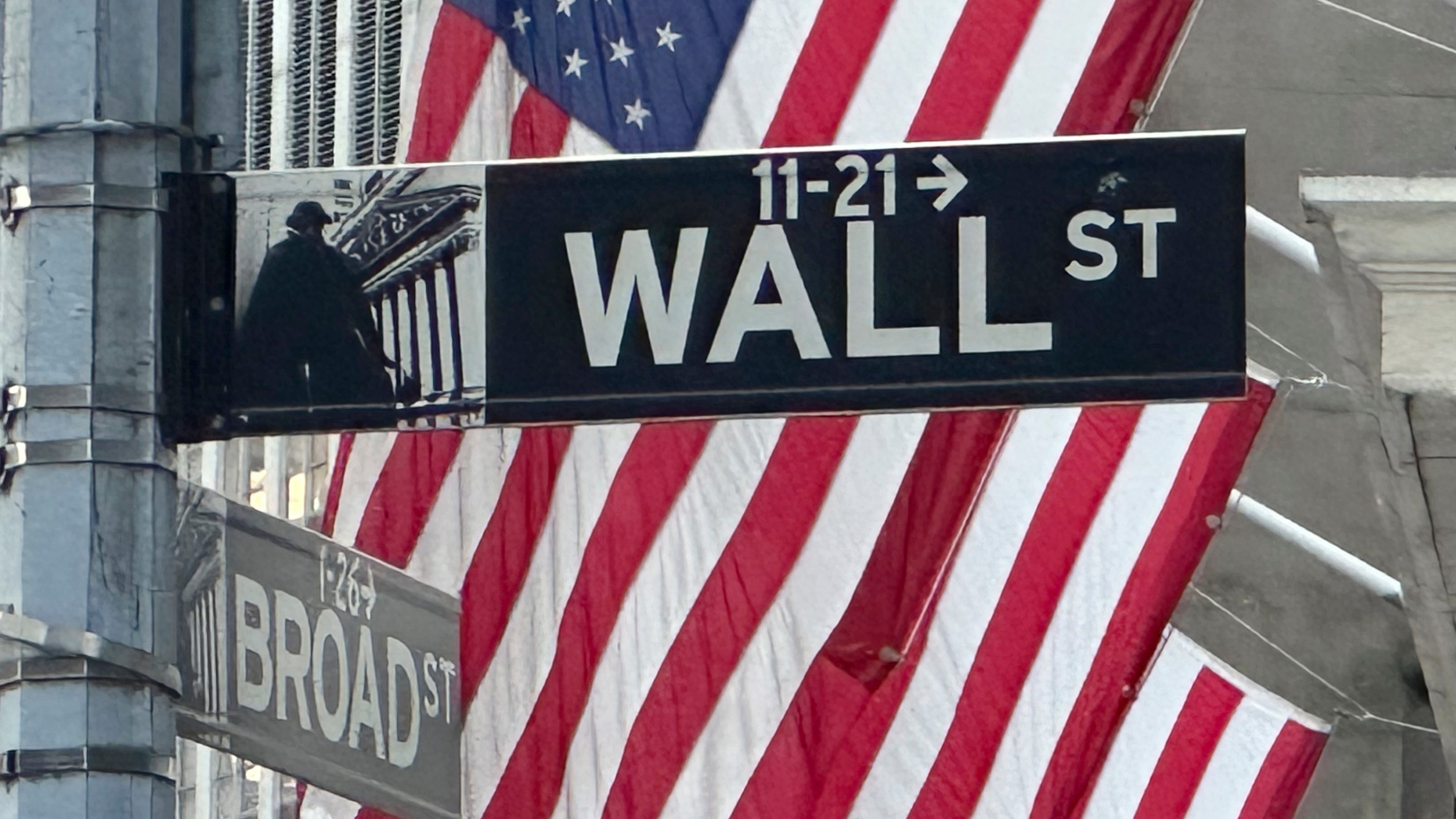 FILE - Signs at the intersection of Broad and Wall Streets stand near flags flying from the New York Stock Exchange on Sept. 4, 2024, in New York. (AP Photo/Peter Morgan, File)