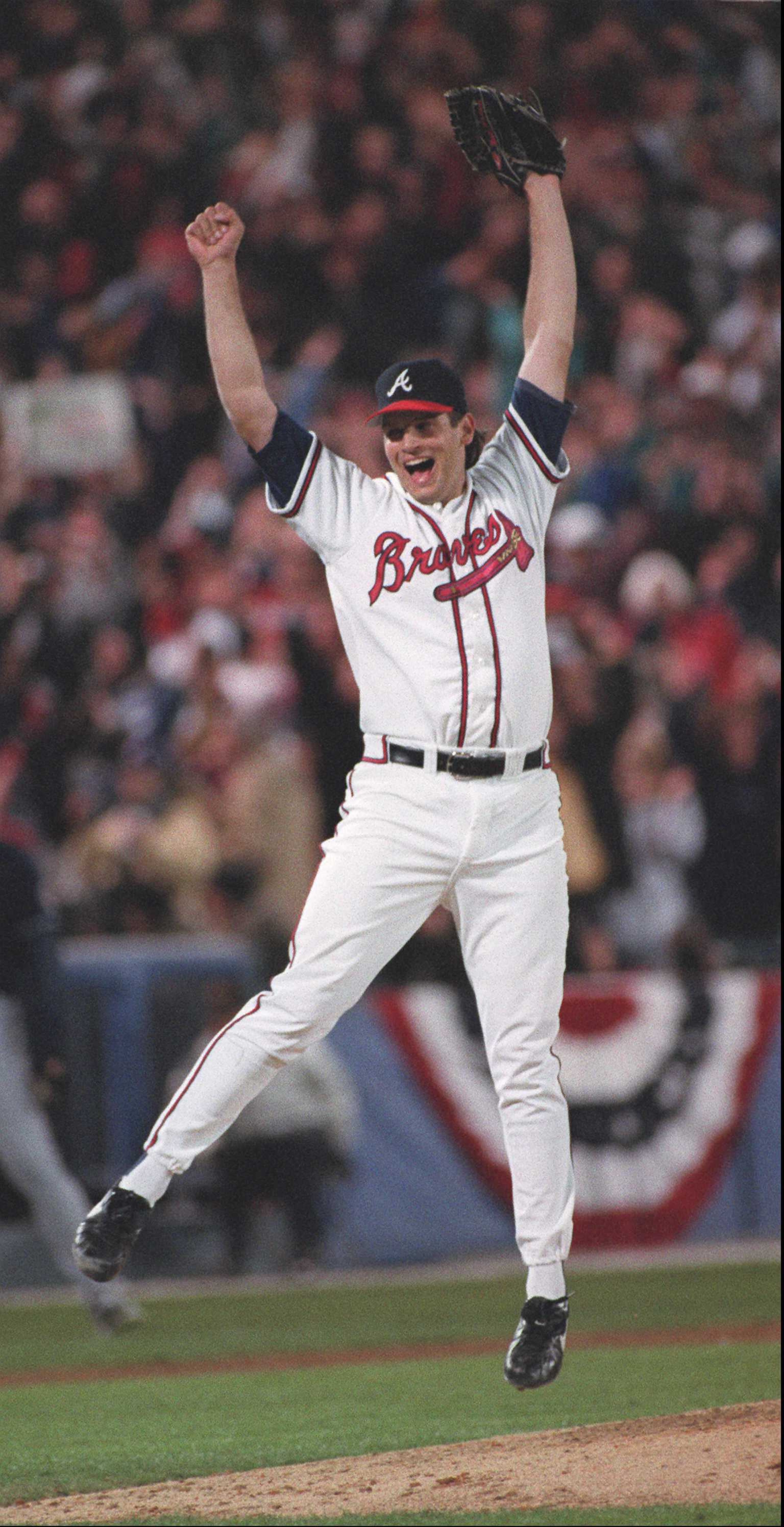 OCTOBER 28, 1995 ATLANTA Mark Wohlers reacts after the last out of the World Series, Saturday, October 28,1995. (AJC photo/Frank Niemeir)