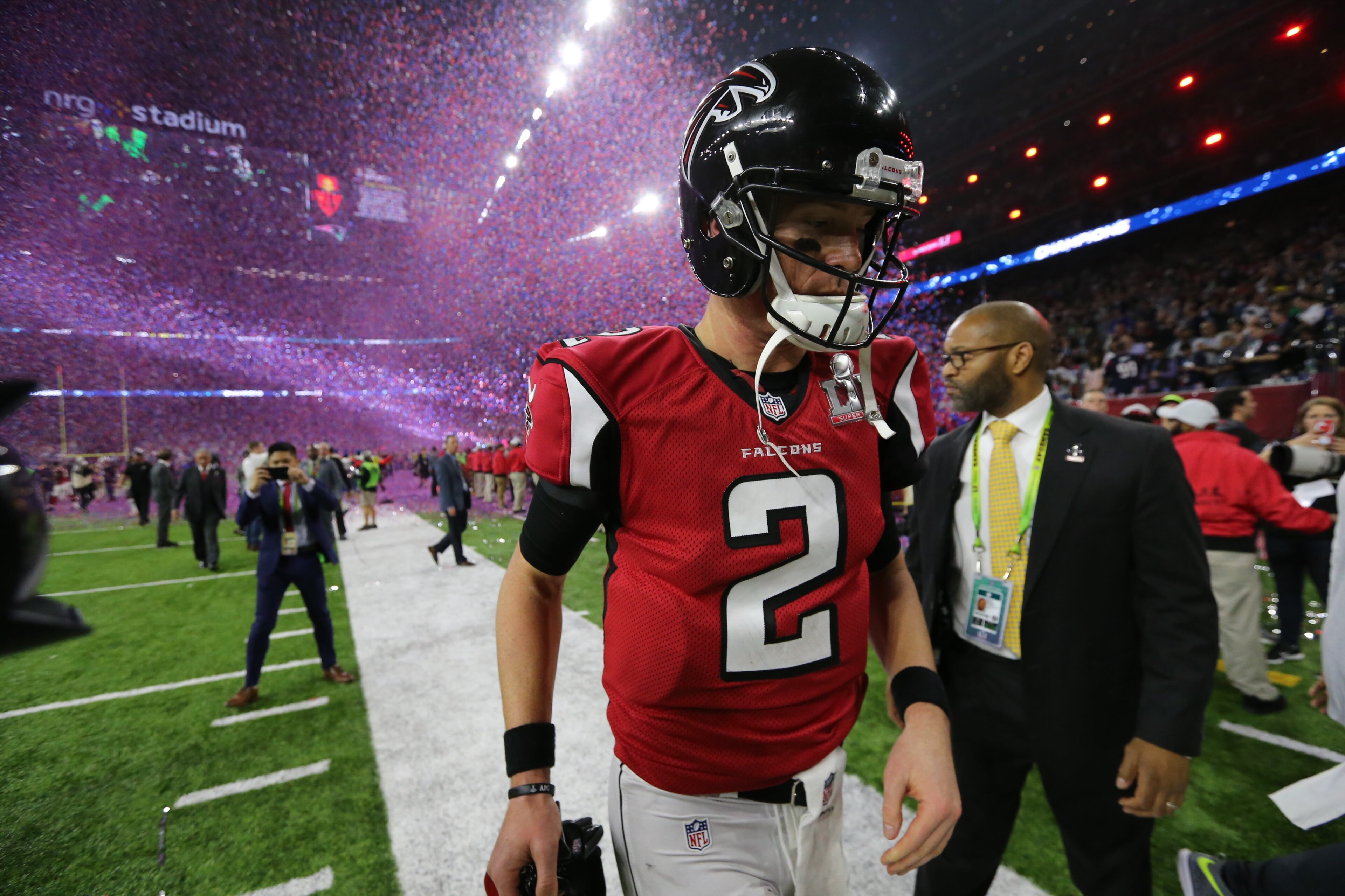 FEBRUARY 5, 2017 HOUSTON TX Atlanta Falcons quarterback Matt Ryan (2) leaves the field at the end of the game as the Atlanta Falcons meet the New England Patriots in Super Bowl LI at NRG Stadium in Houston, TX, Sunday, February 5, 2017. The Patriots beat the Falcons in OT 34-28. Curtis Compton/AJC