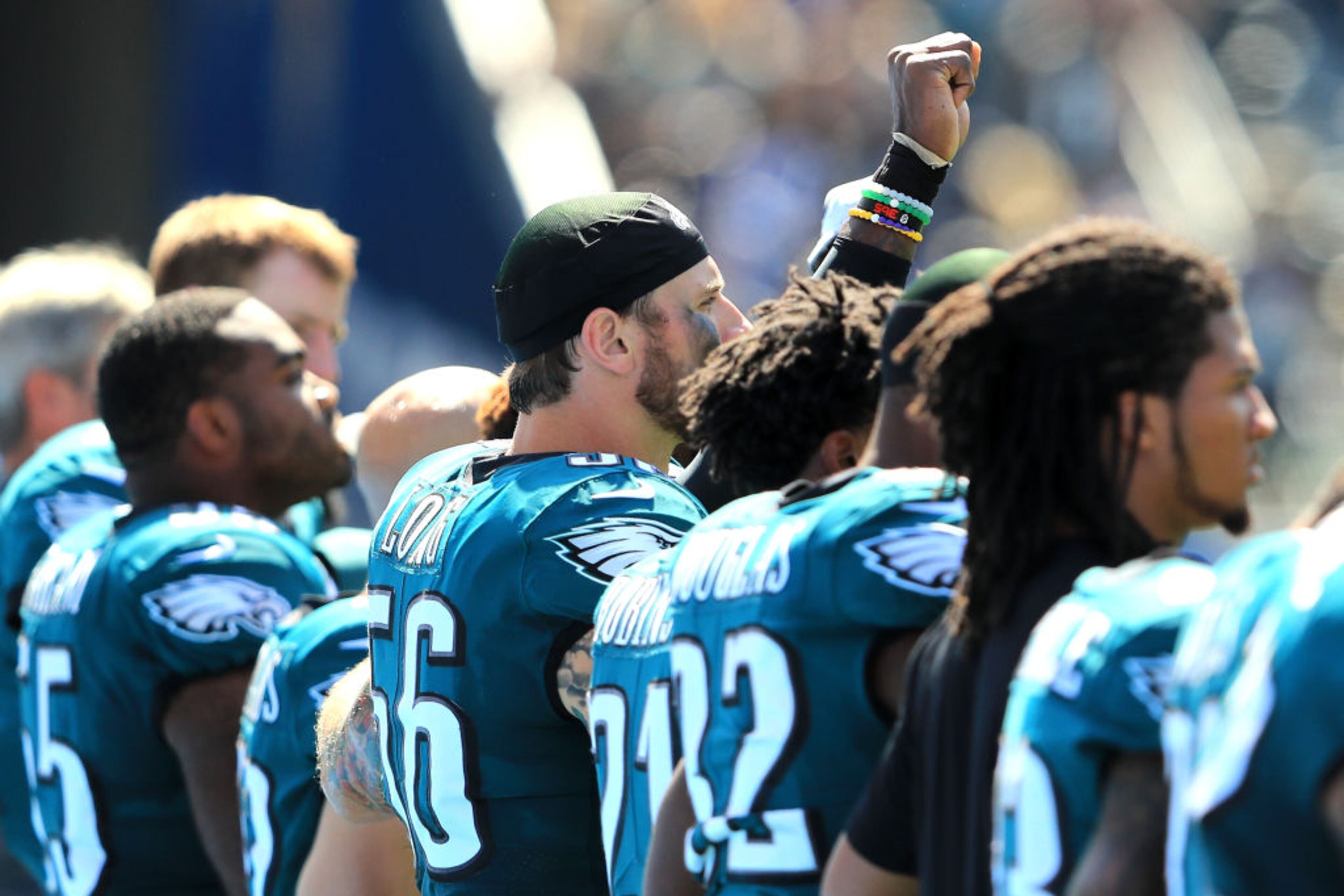 CARSON, CA - OCTOBER 01: Philadelphia Eagles are seen during the national anthem at the game against the Los Angeles Chargers at the StubHub Center on October 1, 2017 in Carson, California. (Photo by Sean M. Haffey/Getty Images)