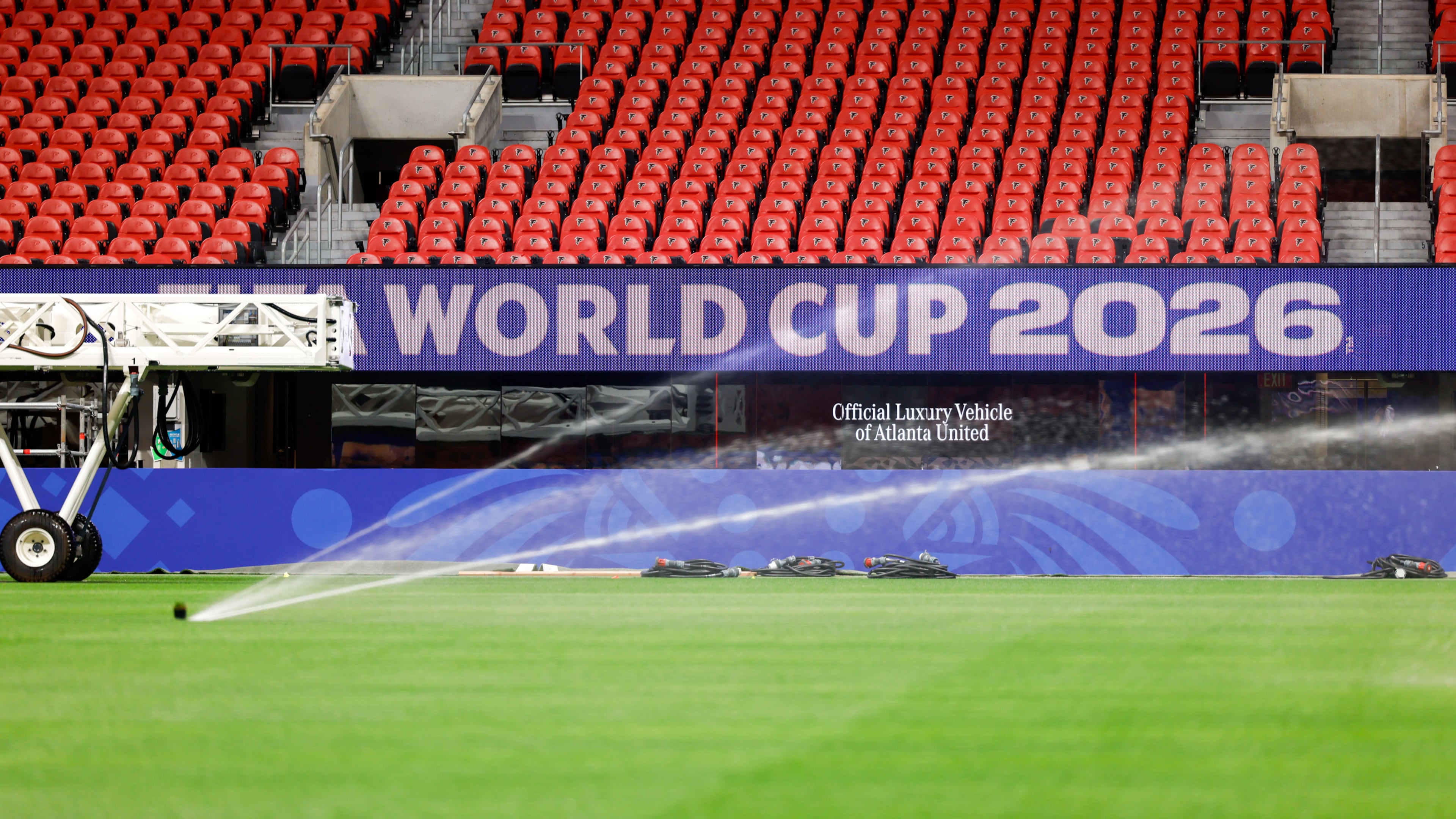 Newly installed grass for the FIFA World Cup is Kentucky bluegrass mixed with perennial ryegrass and artificial fibers stitched in. It came from a farm in Colorado. (Arvin Temkar/AJC)